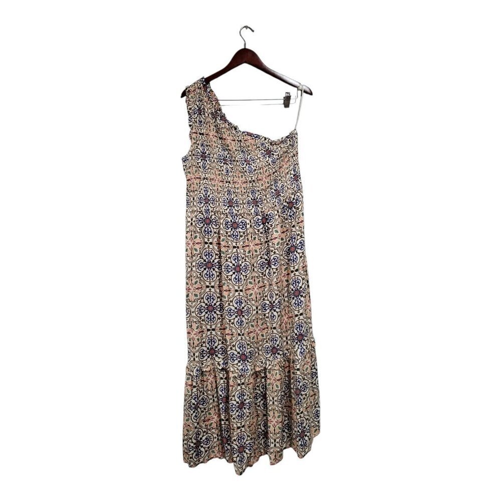 Knox Rose Dress Womens One Shoulder Smocked Medallion Print Tiered Midi Sz L